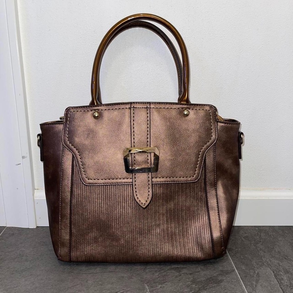 Bronze Metallic Faux Leather Satchel Handbag Textured Buckle Detail Tote Bag